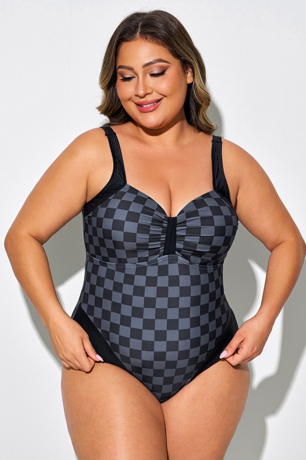 Traje De Baño De Una Pieza Con Cuello En V Y Estampado De Cuadros Negros