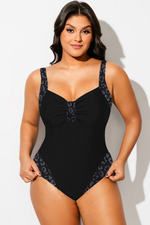 Traje de baño de una pieza con cuello en V y panel de leopardo gris