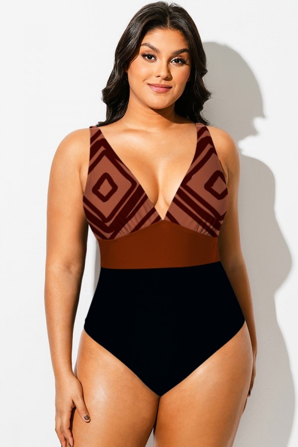 Traje de baño de una pieza con cuello en V y bloques de colores geométricos