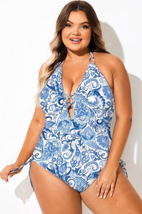 Traje de baño de una pieza con cuello halter y estampado de porcelana azul