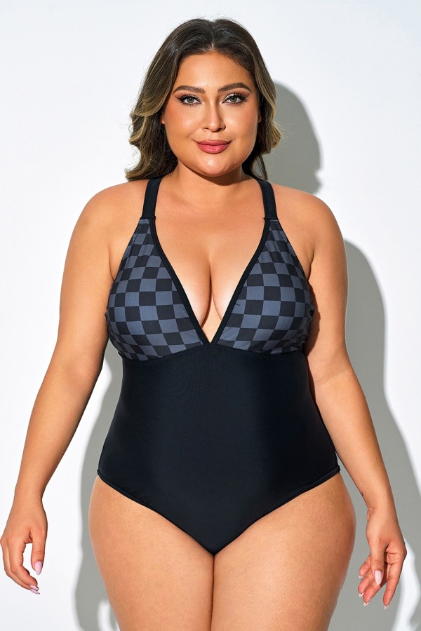 Traje De Baño De Una Pieza Con Estampado De Cuadros Negros