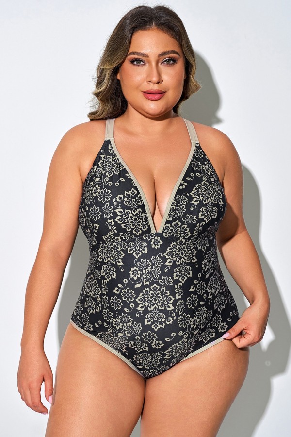 Traje De Baño De Una Pieza Con Escote En V Profundo Y Estampado Floral Dorado