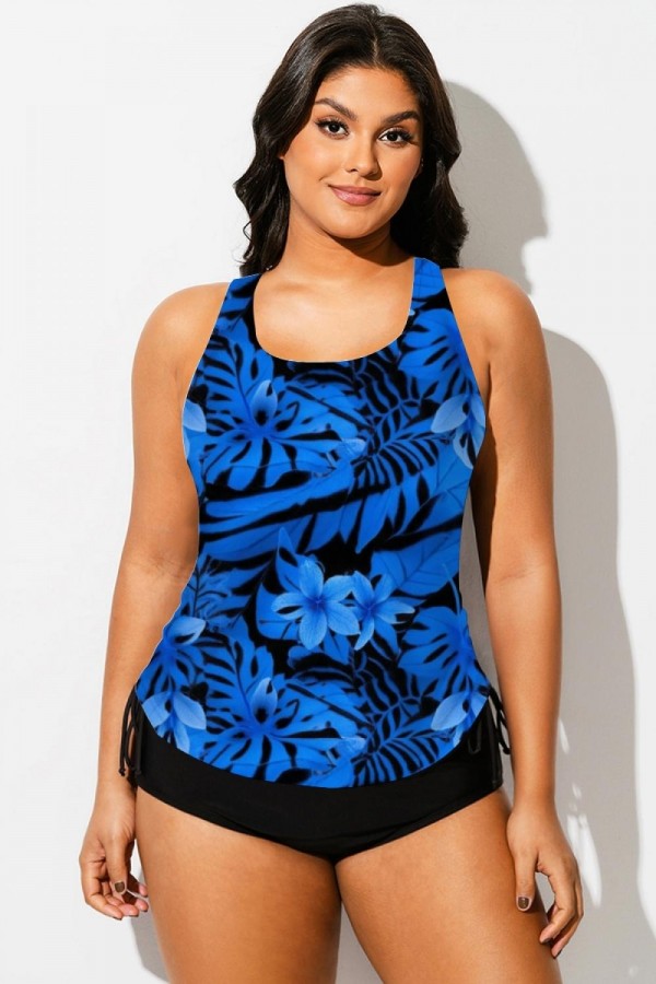 Top tankini con espalda nadadora y estampado floral azul de hojas, talla grande