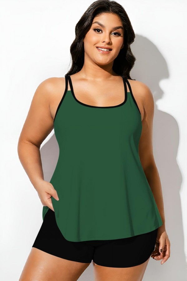 Top de tankini verde con escote cuadrado y ribete negro