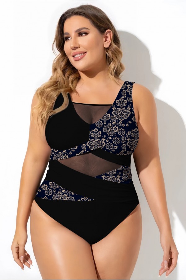 Traje de baño de una pieza de malla con estampado floral dorado