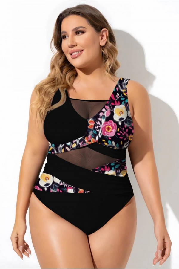 Traje de baño de una pieza de malla hueca con estampado sexy cruzado