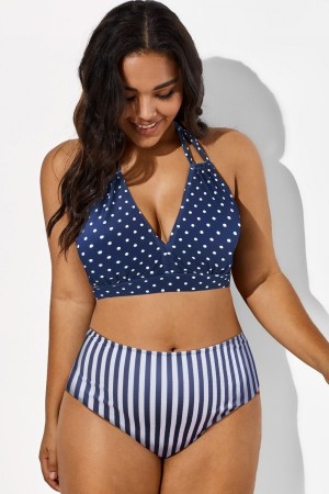 Top De Bikini Sexy Con Cuello Halter Y Estampado De Lunares Azules