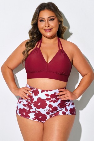 Top de bikini con cuello en V y lazo en rojo brillante