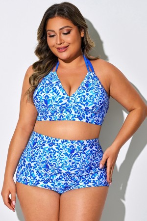 Top de bikini con cuello en V y lazo floral en color azul porcelana