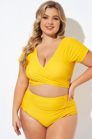 Top de Bikini Amarillo Falda con Mangas Fruncidas