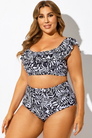 Top de bikini con volantes y palmeras en blanco y negro