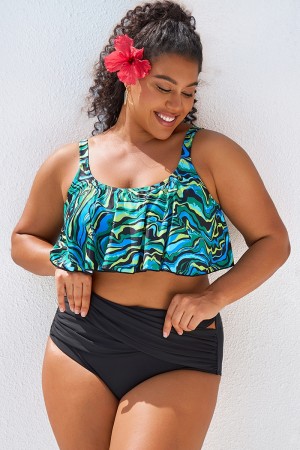 Top De Bikini Negro Escote Redondo Con Estampado Abstracto