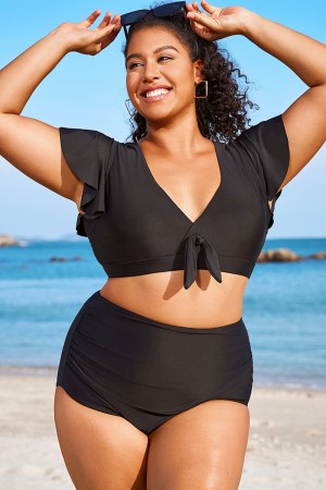 Top de Bikini Negro Elegante con Manga Ondulada