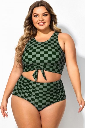 Top de Bikini Verde de Talla Grande Corto Anudado a Cuadros