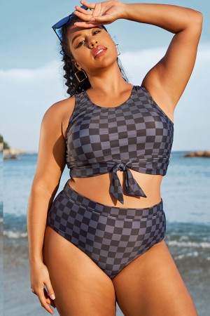 Top De Bikini Corto Anudado A Cuadros Gris Negro