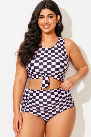 Top De Bikini Corto Anudado Con Cuadros Negros Y Rosas