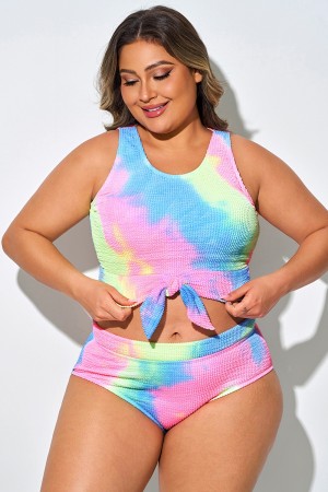 Top de bikini corto anudado con efecto tie-dye en color caramelo