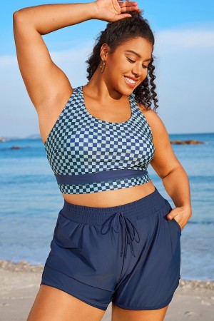 Top De Bikini Con Cuello Redondo Y Parches De Cuadros Azules