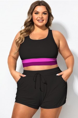 Top de bikini de patchwork en contraste rosa de talla grande