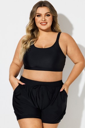 Top de Bikini de Talla Grande Negro con Cuello Redondo