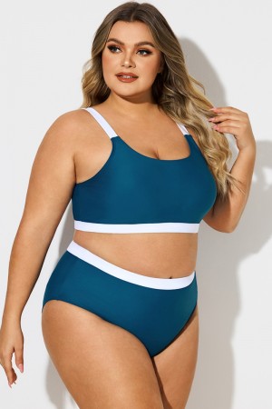 Top de Bikini Azul y Blanco de Talla Grande con Bloques de Color
