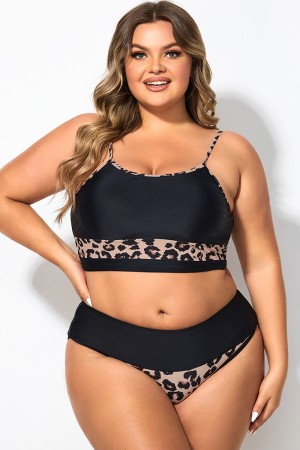 Top de Bikini de Talla Grande con Patchwork Leopardo Estampado