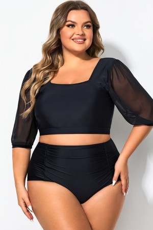 Top de Bikini Manga Farol y Malla Corta con Escote Cuadrado