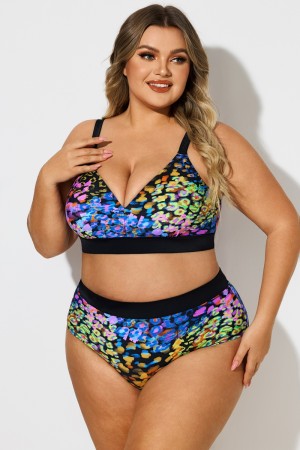 Top de Bikini de Talla Grande V-Cuello con Leopardo Neón Estampado