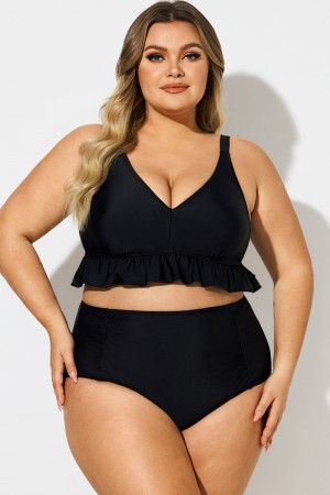 Top de Bikini de Talla Grande Negro V-Cuello con Ribete de Volantes