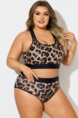 Top De Bikini De Talla Grande Cuello Cuadrado Con Estampado De Leopardo