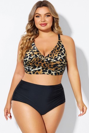 Top De Bikini De Talla Grande V-Cuello Espalda Cruzada Con Leopardo Estampado