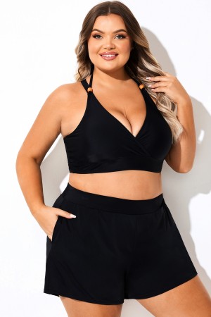 Top de bikini negro con escote en V y espalda cruzada, talla grande