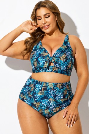 Top de bikini fruncido con nudo y estampado floral azul