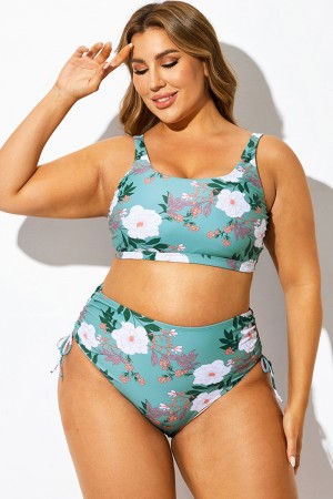 Top de bikini cruzado con estampado floral verde