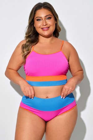 Top De Bikini Informal Con Tirantes Finos Y Bloques De Color De Talla Grande