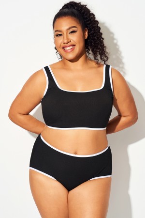 Top De Bikini Negro Con Escote Cuadrado Y Ribete Blanco