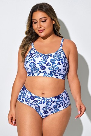 Top de bikini floral azul porcelana para vacaciones en la playa