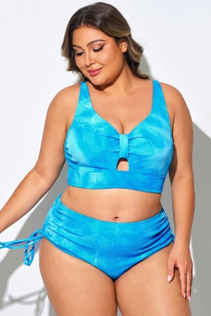 Top de bikini fruncido azul para mujer de talla grande
