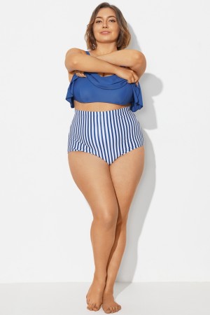 Fondo de Bikini Azul Marino y Blanco de Cintura Alta a Rayas Verticales
