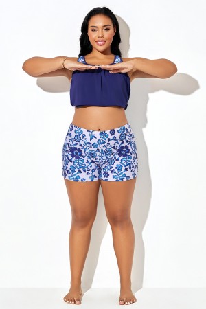 Bañador corto de talle medio con estampado floral azul porcelana