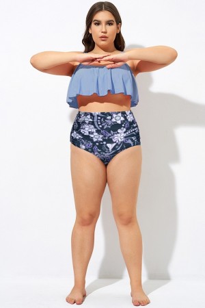 Braga De Bikini Azul Cintura Alta Con Floral Estampado Para Mujer