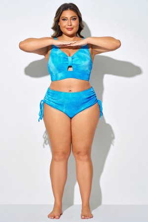 Braguita de bikini azul de talle alto con cordón ajustable en los laterales