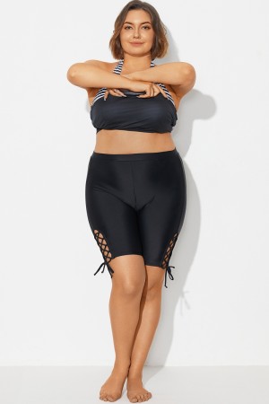 Pantalón Corto de Baño Negro Cintura Media con Cordones Laterales