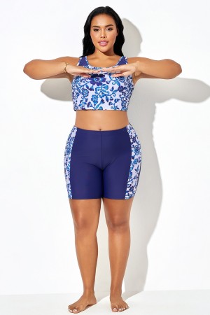 Pantalón corto de baño largo de ciclismo con estampado floral azul porcelana