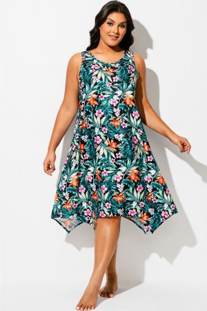 Vestido Playero de Cola de Tiburón con Cuello Redondo y Estampado Floral