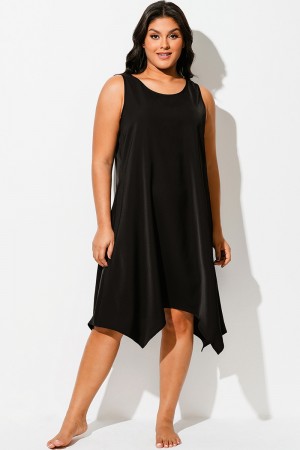 Vestido Playero de Color Negro Liso con Cuello Redondo y Cola de Tiburón