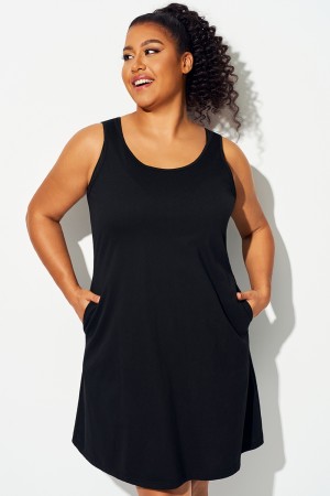 Vestido Playero Sin Mangas De Color Negro Liso De Talla Grande