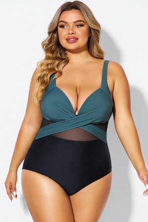 Traje de Baño de Una Pieza V-cuello de Bloques Color con Control de Barriga