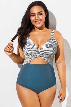 Traje de Baño de Una Pieza Azul con Abertura y Aros a Rayas