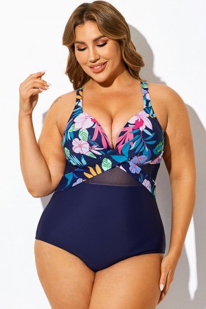 Traje de baño de una pieza con aros y malla recortada azul marino
